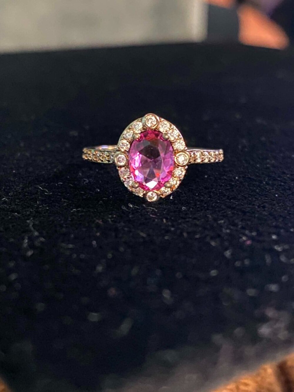 .925 Sterling Silver Gold Platting Oval Pink Cubic Zirconia & Clear CZ Halo Ring